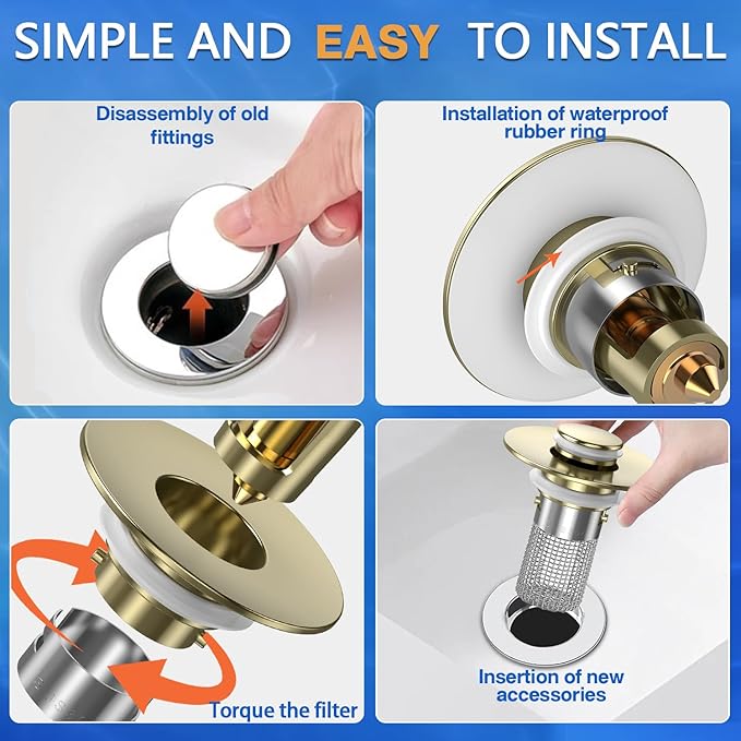 Bathroom Sink Drain Strainer,(4PCS) Pop-up Sink Drain Strainer with Removable Stainless Steel Strainer Basket Hair Catcher, Bathroom Sink Strainer for Bathroom Sink Stopper Replacement