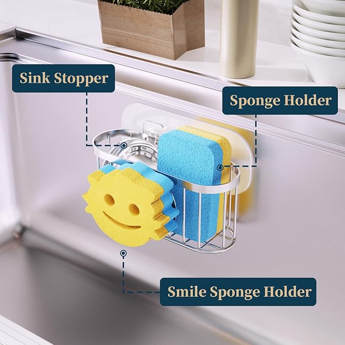 Consumest Sponge Holder Smiley Face - Kitchen Sink Caddy, Sink Organizer with Removable Suction Cups & Adhesive Strips, Suit for Sponge, Soap, Silver