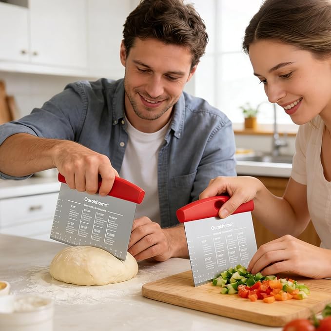 Ourokhome 2 Pack Bench Scraper Dough Cutter, Stainless Steel Dough Scraper with Laser-Etched Scale, Conversion Chart, Non-Slip Handle, Dishwasher Safe for Bread & Pastry, Red