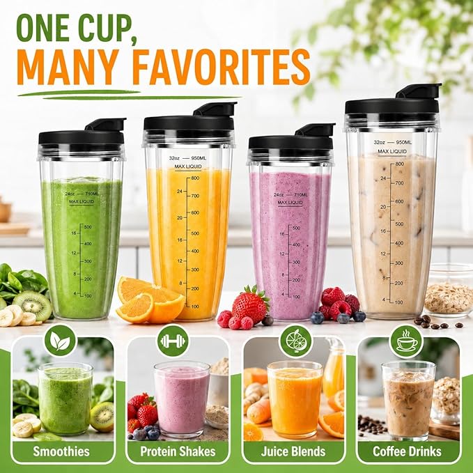 Blender Cups Replacement for Ninja, 24oz & 32oz Ninja Blender Cups with To-Go Lids Compatible with Ninja BN401, BL456, BL480, BL2012, BL2013, BL4501, BN751, BN801, SS101, SS151 (2 Pack)