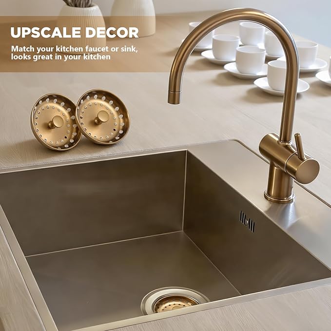 Retisee 2 Pcs Kitchen Sink Stopper Strainer Stainless Steel Drain Strainers for Universal 3-1/2 Inch Kitchen Sink Drain Replacement (Champagne Brown)