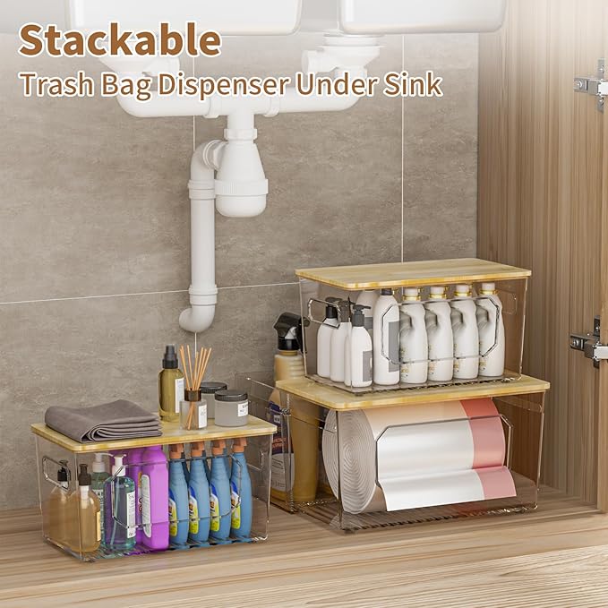 Trash Bag Holder 3-in-1 Under Sink Organizer, Acrylic Trash Bag Dispenser with Bamboo Lid and Pull-Out Basket for Cleaning Supplies, Space Saving Garbage Bag Holder for Kitchen Laundry Room Storage