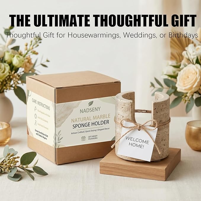 Natural Travertine Sponge Holder - Wabi-Sabi Stone Drying Rack for Kitchen Sink & Bathroom, Decorative Candle Tray, Flowers Organizer & Toothbrush Holder - Housewarming Gift, Home Decor