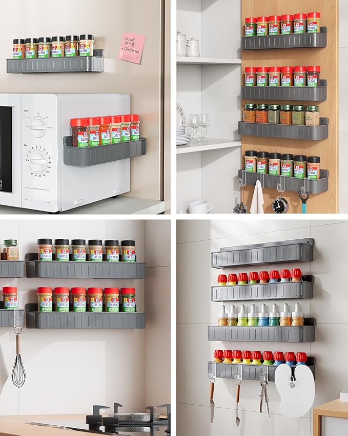Nieifi Spice Rack Wall Mount, Spice Organizer for Spice Jars, Screw or Adhesive Hanging Organizer for Kitchen Cabinet or Pantry Door, 4 Pack, Grey, ABS Plastic