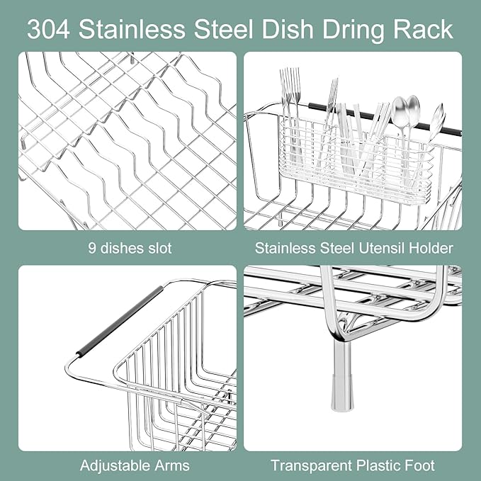 JAQ Over Sink Dish Drying Rack for Medium to Large Sink, Expandable 15.08"–22.4", Adjustable 304 Stainless Steel Dish Drainer with Utensil Holder, Large Capacity Holds Up to 13 Plates