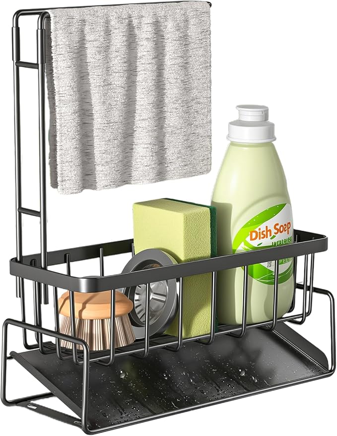 Sponge Holder for Kitchen Sink, Kitchen Sink Organizer with Towel Rack, Rustproof 201 Stainless Steel Sink Caddy, Kitchen Accessories and Decor