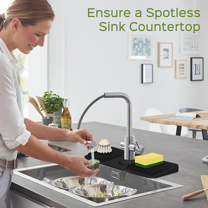 15 Inch Silicone Faucet Mat for Kitchen Sink Splash Guard โ 2025 Upgraded Draining Mat with Water Tray Behind Faucet โ Countertop Protectors to Catch Spills (Black, 14.6" x 5.5")