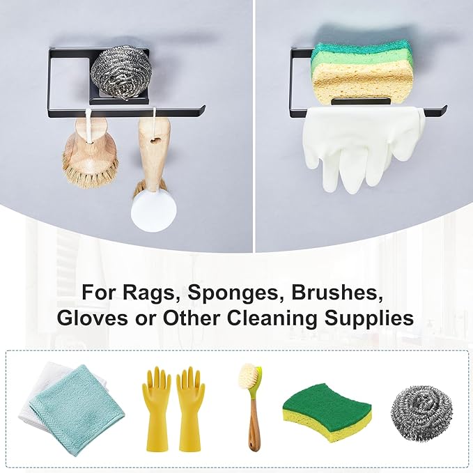 Sponge Holder for Kitchen Sink, Adhesive Dishcloth Holder, Dish Sponge Kitchen Sink Caddy 2 In 1, Metal Dishcloth Racks Sink for Dishcloths, Sponges, Brushes and Glove (Black)
