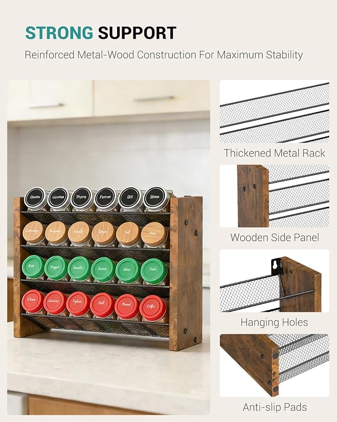 NESAPTO Spice Rack Organizer for Cabinet, Wood 4-Tier Vertical Seasoning Organizer, Wall Mount or Countertop Spice Shelf, Holds 24 Jars (No Jars Included), 12.2" W x 9.4" H