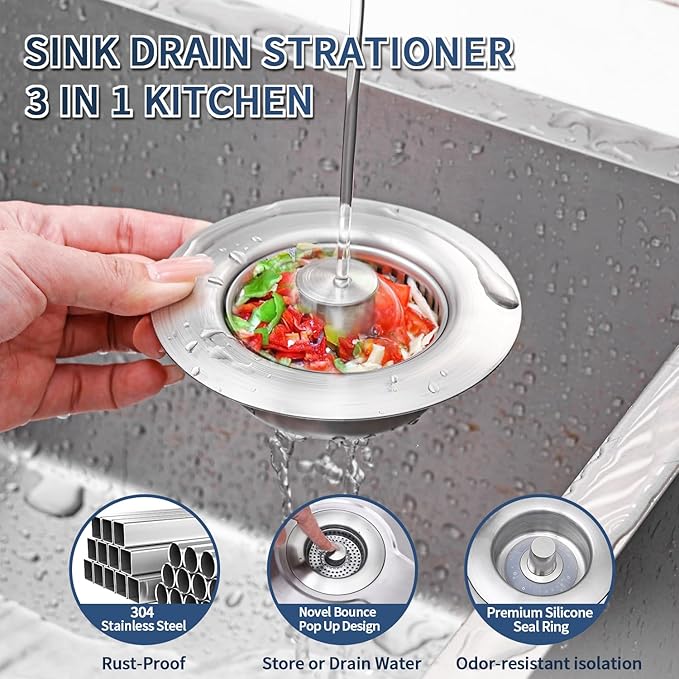 3 in 1 Kitchen Sink Drain Strainer & Pop Up Sink Stopper 2 Pack, Sink Strainer Anti-Clogging Kitchen Sink Basket, Odor-Free Water Catcher, Universal 3-1/2" Fit for US Standard Kitchens