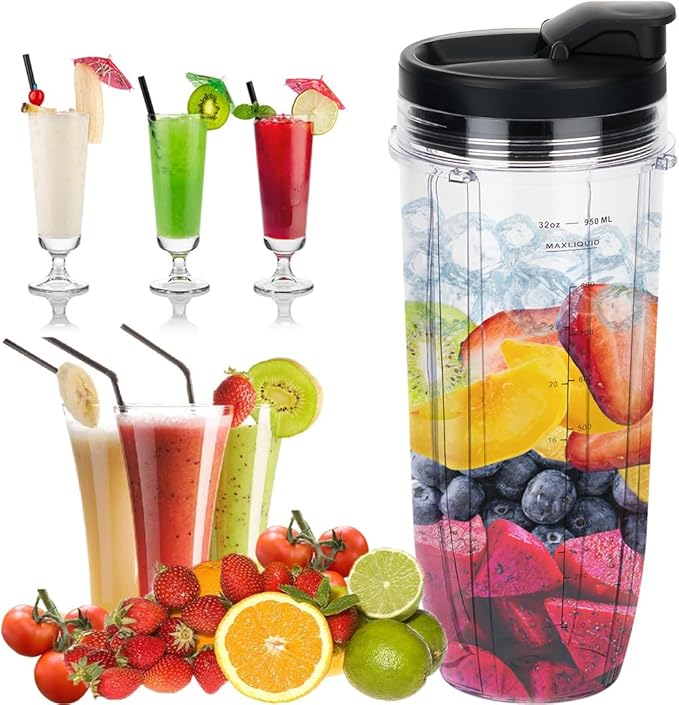 Replacement 32oz Blender Cup with Sip & Seal Lid For Nutri Ninja BL450 BL454 Bl455 BL456 BL480 BL481 BL482 BL490 BL640 BL642 BL682 SS101 SS401 SS351 Nutri Ninja Auto IQ Series Blenders, 2-Pack β¦
