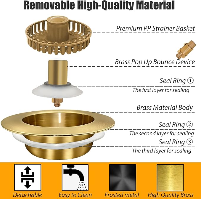Anlige Kitchen Sink Drain Strainer, 3 in 1 Pop Up Kitchen Sink Stopper, with an Extra Basket Strainer, Universal for US Standard 3-1/2 Inch, Brushed Gold