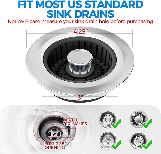 Kitchen Sink Drain Strainer - 2Pack Sink Stopper, Drain Protector, Kitchen Drain Plug & Sink Installation Parts with Anti-Clogging Basket, Fit US Standard 3-1/2'' Sink Drain Hole, Silver