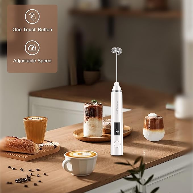 Philorn Milk Frother Wand Handheld Rechargeable Electric Whisk Coffee Drink Mixer, Mini Foamer for Lattes, Cappuccino, Frappe, Matcha, Hot Chocolate, Protein Powder, Keto Diet (White 2 Heads)