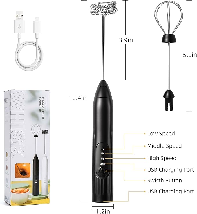 Milk Frother, 3-Speed Rechargeable Handheld Electric Foam Maker with USB-C, 2 Whisks for Coffee Latte Cappuccino, 304 Stainless Steel Drink Mixer for Hot Chocolate Matcha Protein Shakes (Black)