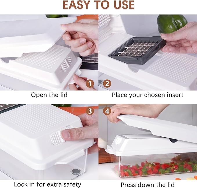 LHS Professional Multifunctional Vegetable Chopper Pro Food Chopper with Food Storage Containers, Mandoline Slicer Onion Dicer Fruit Cutter, Kitchen Gadgets and Home Essentials(7 in 1, White)