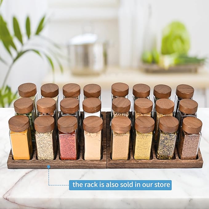 Yangbaga Glass Spice Jars with Labels: 24pc 4oz Square Seasoning Containers and 2pc Rack with Airtight Wood lid,Pepper Grinder,Funnel; Empty Spice Organizer Bottles for Kitchen Drawer Cabinet
