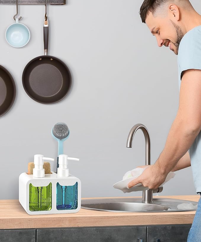 Kitchen Hand Soap and Dish Soap Dispenser Set, Dual Soap Dispenser with Sponge Caddy and Brush Holder 4-in-1 Organizer for Sink Countertop, Useful Kitchen Gadgets - White