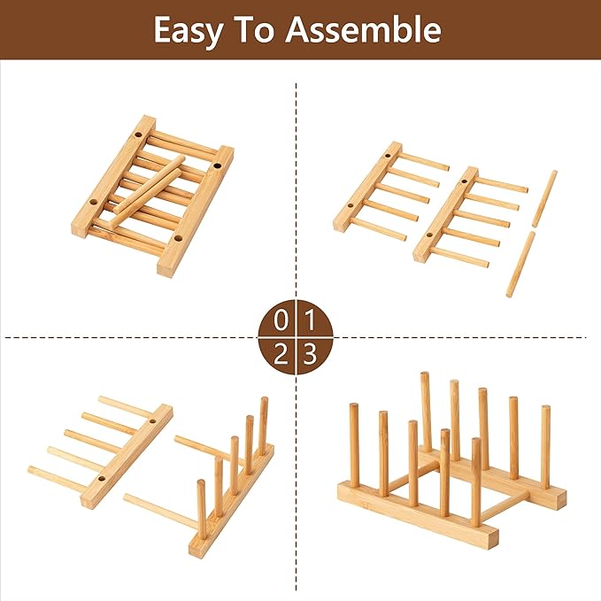 HBlife Bamboo Dish Plate Bowl Cup Book Pot Lid Cutting Board Drying Rack Stand Drainer Storage Holder Organizer Kitchen Cabinet(Keep Dry)