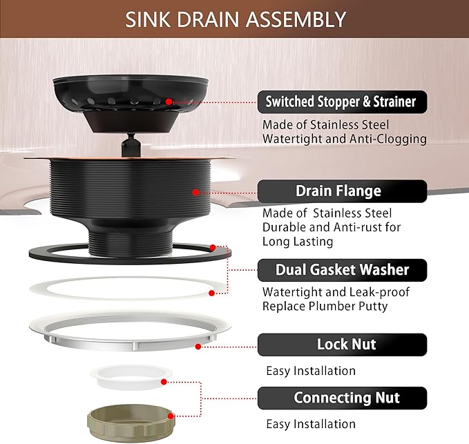 Kitchen Sink Drain Copper 3-1/2 Inch Stainless Steel Kitchen Drain Strainer Assembly Kit with Strainer Basket and Drain Stopper for Standard Sink Drains Antique Copper