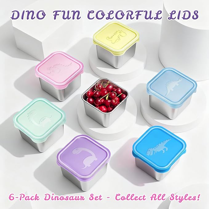 Tanjiae 6-Pack Small (6 oz) Stainless Steel Snack Containers for Kids, Easy-Open Toddler Snack Containers with Lids - Cute Dinosaur Small Stackable Metal Lunch Box for Daycare, School, Travel