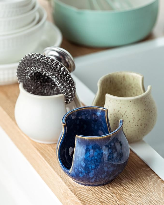 Zoeeker Ceramic Sponge Holder, Kitchen Sink Scrubby Caddy Organizer Dish Sponge Dish Rack for Scrubbers, Bathroom, Sink, Blue