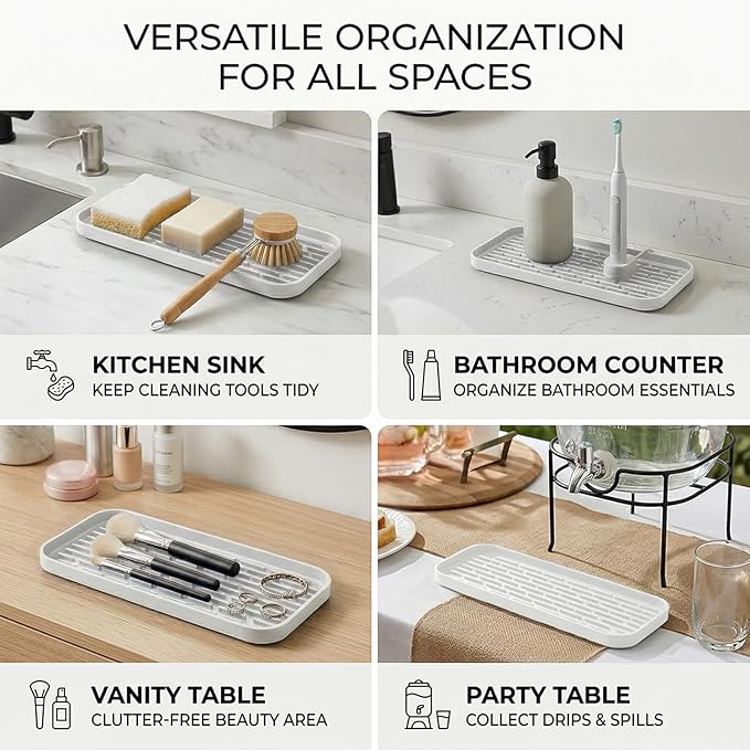 Silicone Organizer Tray, Soap and Sponge Holder for Kitchen Sink, Bathroom - Storage Tray for Dish Brush, Soap Dispenser, Dishwashing Accessories-(White 1 Pack, 12"x4.7")