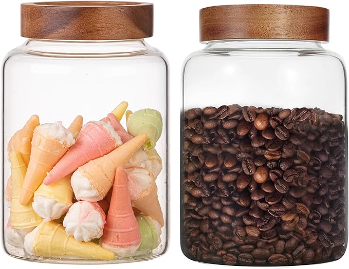 2 PCS Large Glass Jars with Wooden Airtight Lid 60 oz /1800ml,Clear Ground Coffee Bean Storage Canister with Screw Lid Glass Food Contianer for Pantry Sugar Tea Spice Cookies Salts (1800ml/60oz-2PACK)