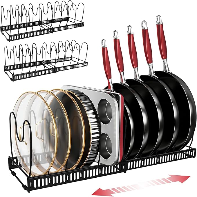 2 Pack Expandable Pots and Pans Organizer for Cabinet, Pot Lid Holder with 13 Adjustable Dividers, Under Cabinet Storage Rack for Pot Lids, Cutting Boards & Baking Sheets (11.8"-22.8")