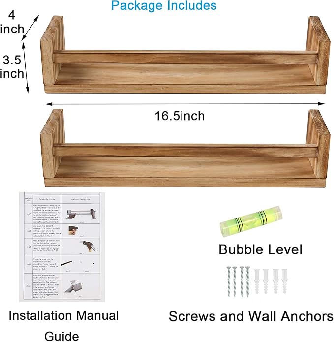 JORIKCHUO Nursery Book Shelves, Set of 2 Wood Floating Book Shelves for Kids Room, Kitchen Spice Rack, or Rustic Wall Mounted Shelves for Farmhouse Bathroom Décor (carbonized)