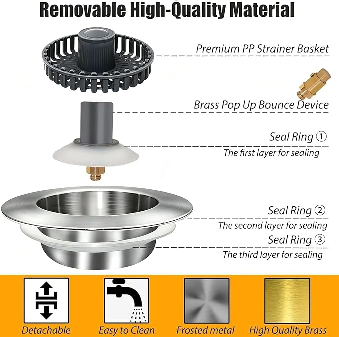 Anlige Kitchen Sink Drain Strainer, 3 in 1 Pop Up Kitchen Sink Stopper, with an Extra Basket Strainer, Universal for US Standard 3-1/2 Inch, Brushed Nickel