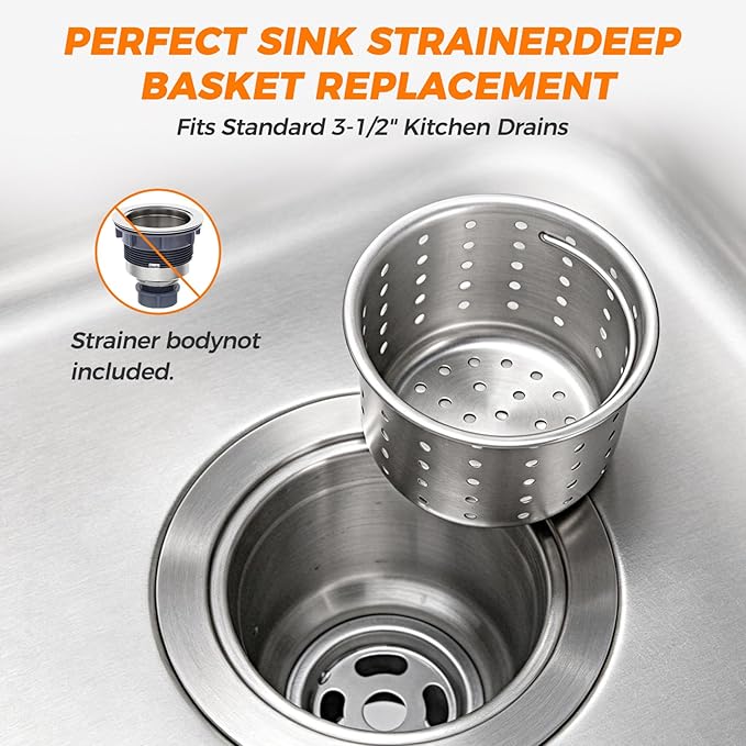 Deep Sink Strainer Basket – Fits Standard 3-1/2" Kitchen Drains – Stainless Steel Removable Strainer with 30 Disposable Mesh Bags – Makes Cleaning Food Debris Quick & Easy