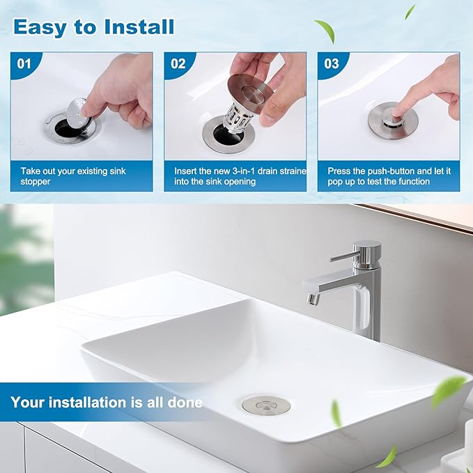 Hibbent 2 Pack Universal Bathroom Sink Drain Strainer, 3 in 1 Pop Up Stopper, Removable Stainless Steel Filter Basket, Brass Bullet Core, Hair Catcher Sink Plug for 1.1''~2.36'' Hole, Brushed Nickel