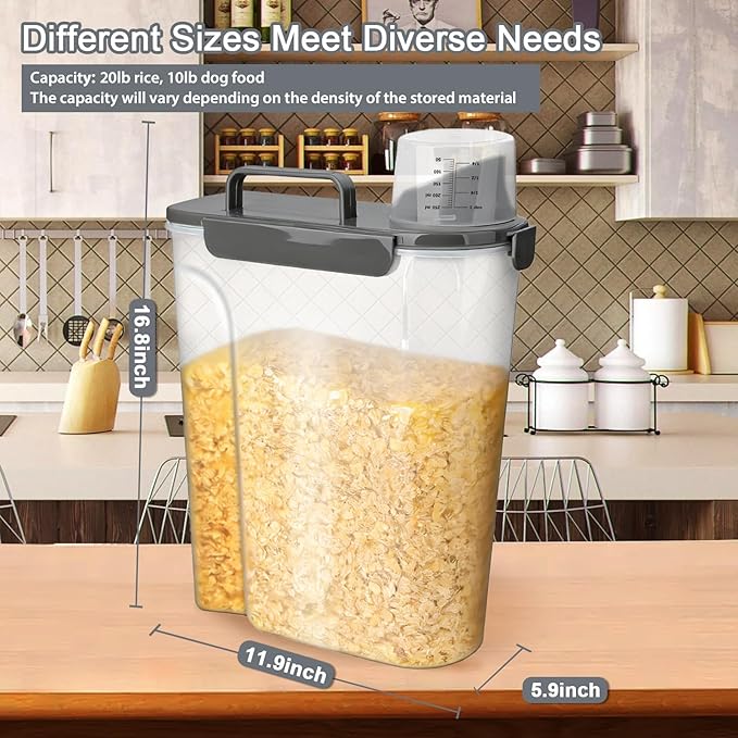 Komzon Rice Storage Containers, 20 LB Rice dispenser with Pouring Spout Portable Handle for Flour, Pasta, Grain and Baking, Pet Dog Cat Bird Food Container Grey