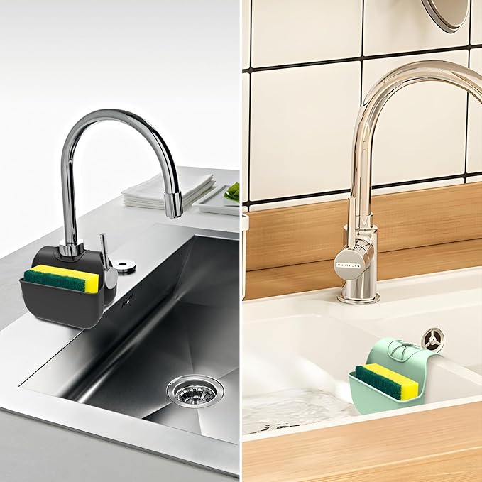 Sponge Holder for Kitchen Sink, Silicone Sink Saddle Caddy Organizer Rack, Sponges Holder Over Faucet, Hanging Kitchen Organizer Accessories Rack Basket - Grey