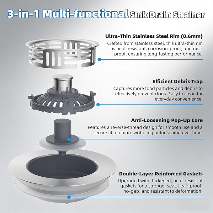 Hibbent Upgraded 3 in 1 Kitchen Sink Drain Strainer, Stainless Steel Pop Up Sink Stopper, Larger Anti-Clogging Basket, 3-Layer Seal, Detachable Drain Plug for US Standard 3-1/2" Drain, Brushed Nickel