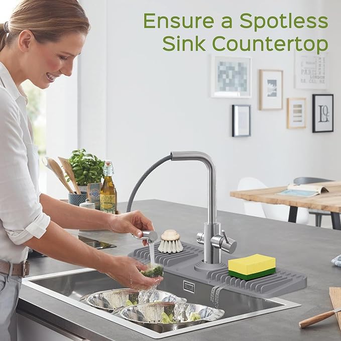 18 Inch Silicone Faucet Mat for Kitchen Sink Splash Guard โ 2025 Upgraded Draining Mat with Water Tray Behind Faucet โ Countertop Protectors to Catch Spills (Gray, 17.7" x 5.5")