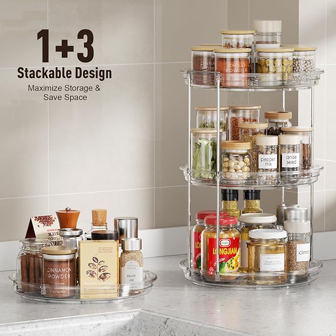 2 Pack 2 Tier Lazy Susan Organizer,10.6 inches Lazy Susan Turntable for Cabinet,Stackable Turntable Organizer Rotating Spice Rack Organization for Kitchen Countertop,Pantry,Bathroom,Clear