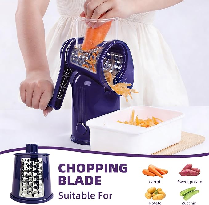 Rotary Cheese Grater with Handle, Vegetable Shredder with 5 Replaceable Blades & Strong Suction Base, Round Food Slicer & Chopper for Kitchen Fruit Vegetables Nuts with Blade Storage Box (Purple)