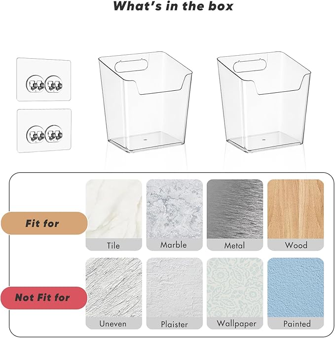 2-Pack Adhesive Cabinet Door Organizer, Hanging Storage Bins, Stick on Small Wall Basket, Bathroom Makeup Organizer, Inside Under Cabinet Storage Container for Kitchen, Pantry Organizer, Office, Dorm