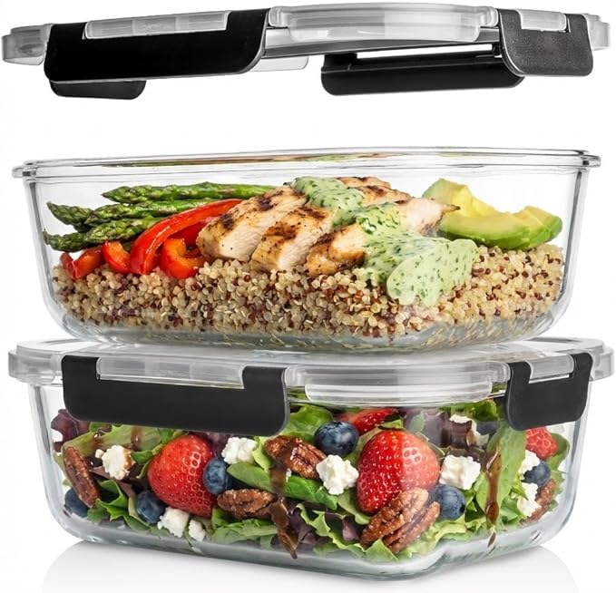 Razab 2 Pcs 1860ml / 63 Oz Large Glass Food Storage Containers with Lids - Glass Meal Prep Containers with Locking Lids for Roasting, Storing Leftover, Lunch Container, BPA Free, Microwave & Oven Safe