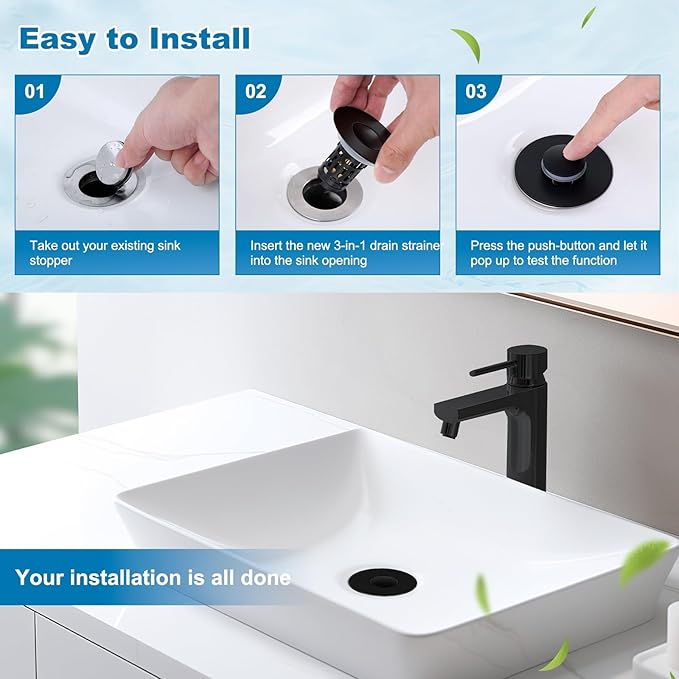 Hibbent 2 Pack Universal Bathroom Sink Drain Strainer, 3 in 1 Pop Up Stopper, Removable Stainless Steel Filter Basket, Brass Bullet Core, Hair Catcher Sink Plug for 1.1''~2.36'' Hole, Matte Black