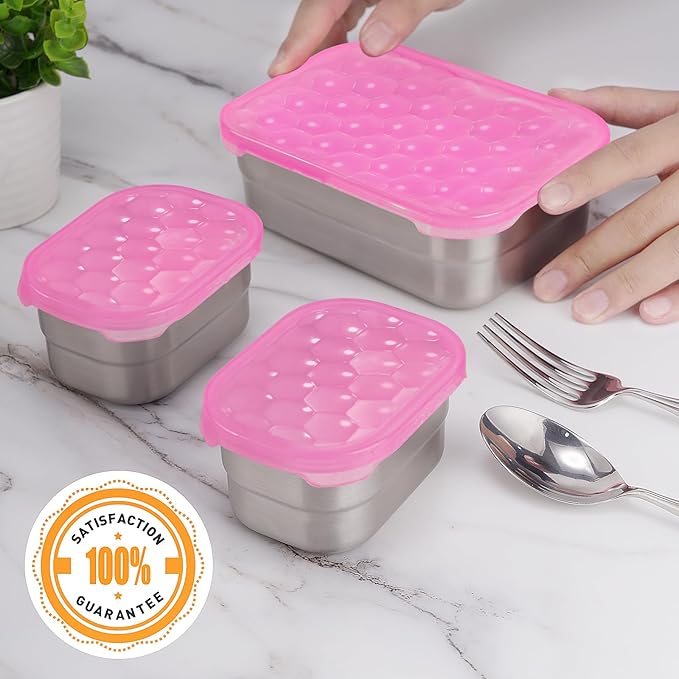 Tanjiae Small Stainless Steel Lunch Containers for Kids | Leak Proof BPA Free Snack Containers with Silicone Lids - Perfect Metal Snack Containers with Lids for School and Daycare (25oz+8oz*2)