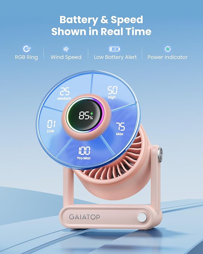 Gaiatop Portable Quiet Desk Fan, 6000mAh Rechargeable Battery Fan with RGB Ring, 18Hrs Runtime, 5-Speed Strong Wind, Bedroom Office Desk Accessories, Gifts for Women Girls Mom, Pink