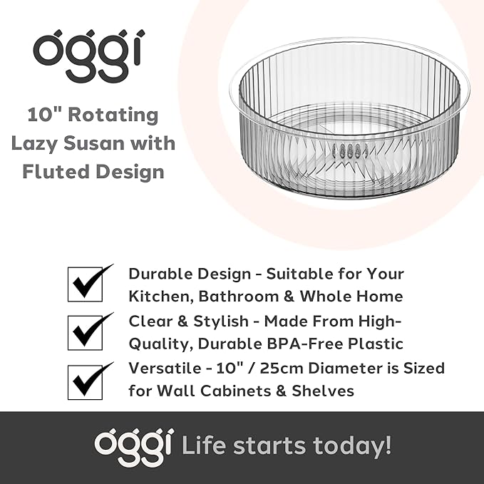 Oggi 10" Fluted Lazy Susan Turntable Organizer – Clear Rotating Cabinet Organizer for Kitchen, Pantry, Fridge, Bathroom, Spices, Perfume, Makeup & More – Stylish Storage & Organization
