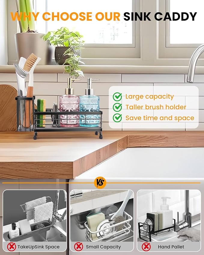 Kitchen Sink Caddy with Water Absorbent Diatomite Stone Sink Tray, Fast Drying Sink Organizer with High Dish Brush Holder Sponge Holder for Kitchen Sink, Stainless Steel