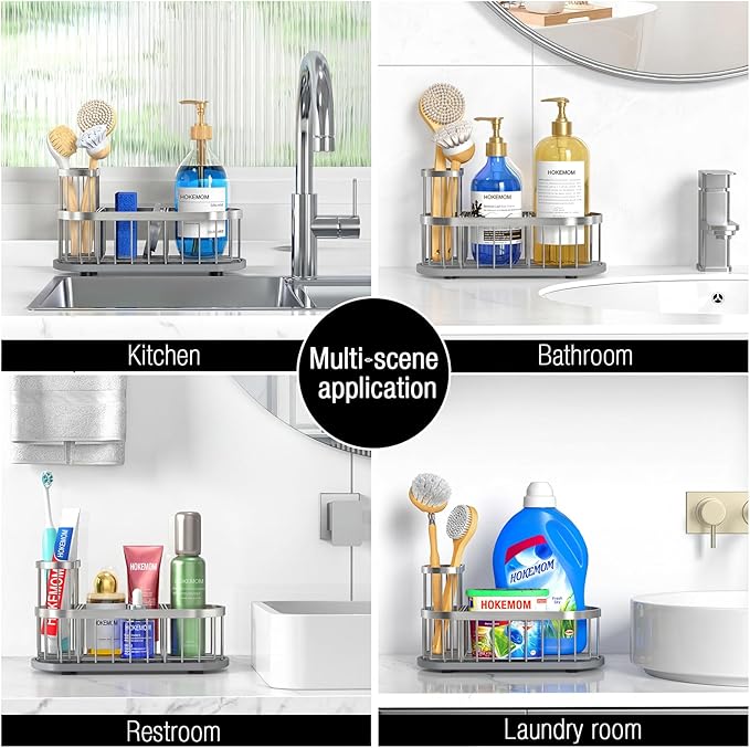 Sponge Holder for Kitchen Sink with High Brush Holder, Silver