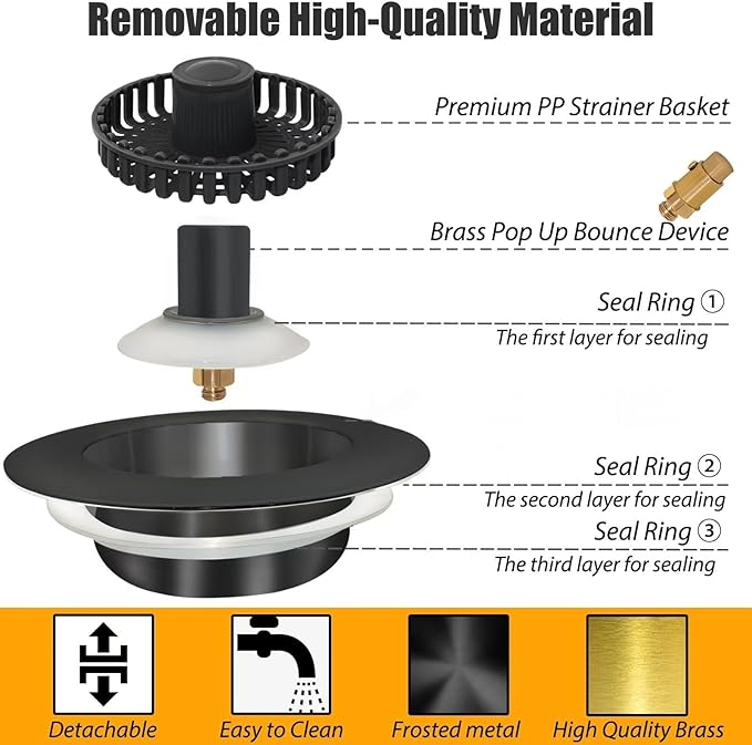 Anlige Kitchen Sink Drain Strainer, 3 in 1 Pop Up Kitchen Sink Stopper, with An Extra Basket Strainer, Universal for US Standard 3-1/2 Inch, Black