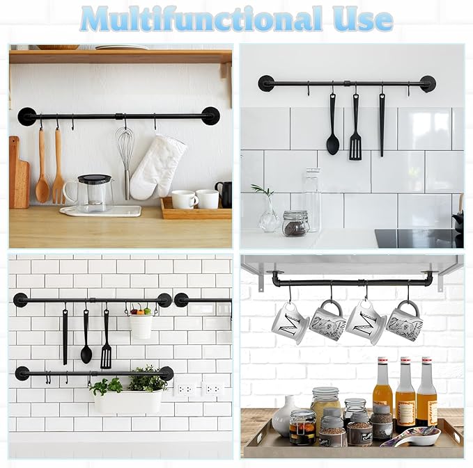 38.5 inch Pot Rack Wall Mounted Detachable Pan Rack Organizer Industrial Pipe Hanging Rail Lids Utensils Hanger Holder for Kitchen with 10 S Hooks, Black…