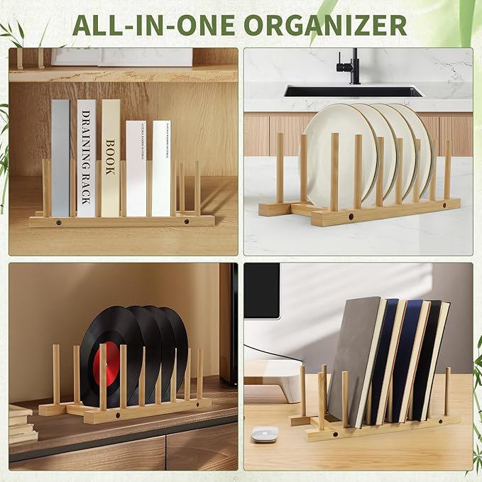 DEBETOOL 2 Pack Wooden Dish Rack Holder - Bamboo Plate Organizer for Cabinet Dishes Pots Lid & Cutting Boards, Kitchen Cabinet Space Saving Storage Solution